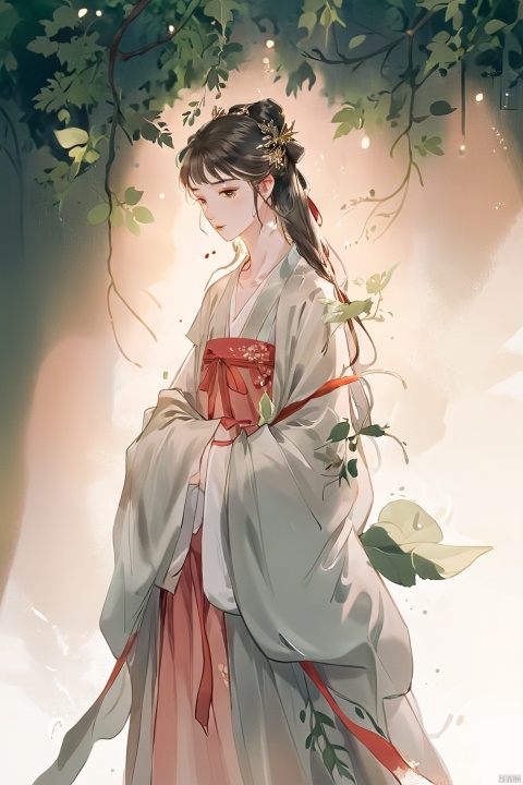  Fashion editorial style a asian girl with hanfu ruqun,Jin style, joint brand, ribbon, Withered leaves, old vines, plant illustration, splash ink,High fashion, trendy, stylish, editorial, magazine style, professional, highly detailed, cinematic lighting, Dramatic lighting, concept art,
