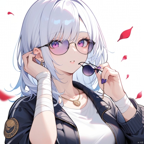  (best quality), ((masterpiece)), (highres), illustration, original, extremely detailed, 1girl, looking at viewer, parted lips, white hair, bandages, petals, white background, holding, upper body, sunglasses, jewelry, simple background, holding eyewear, nail polish, jacket, glasses, bandaged arm