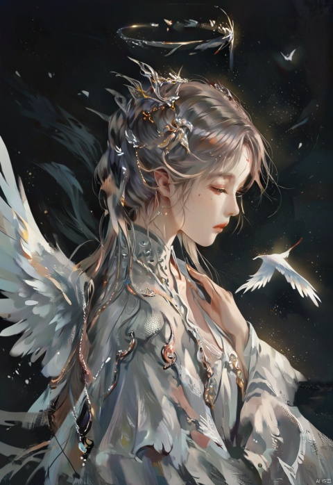  HDR photo of best quality, (illustration, very aesthetic:0.95), (ultra detailed), intricate details, dynamic angle, solo, 1Girl, from side, (look down, Downcast Eyes:1.2), Angels, white wings, shiny feather, (cinematic lighting, raytracing), (black background:1.2), (silence background:1.2) . High dynamic range, vivid, rich details, clear shadows and highlights, realistic, intense, enhanced contrast, highly detailed . High dynamic range, vivid, rich details, clear shadows and highlights, realistic, intense, enhanced contrast, highly detailed