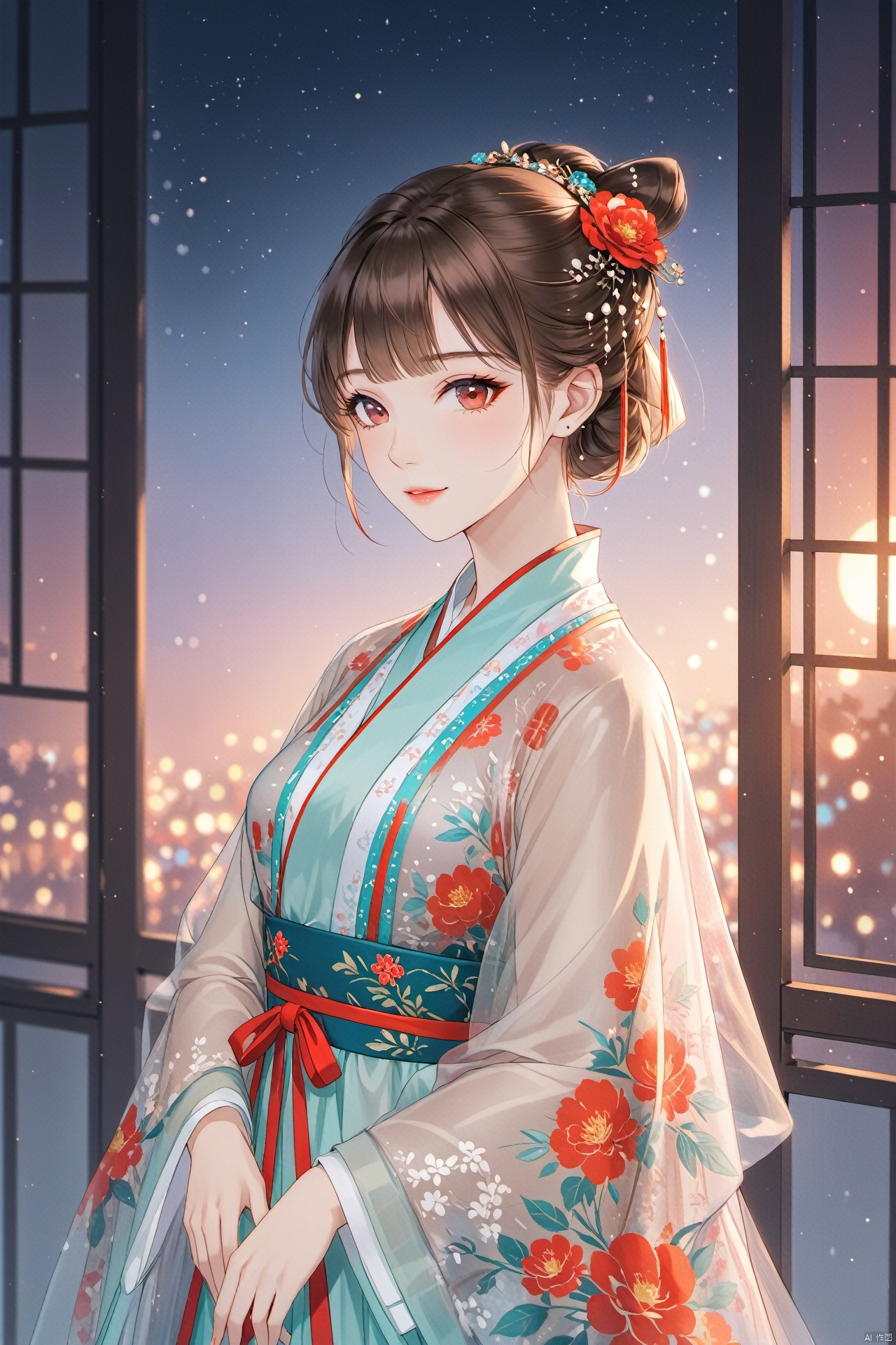  (masterpiece),(best quality),illustration,ultra detailed,hdr,Depth of field,(colorful),(chromatic aberration),mmd,1girl,solo,red eyes,looking at viewer,hair ornament,short hair,upper body,brown hair,blurry,ahoge,bangs,chinese clothes,see-through,depth of field,hanfu,smile,floral print,closed mouth,