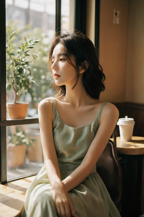 The image showcases a serene scene with a young woman as the main subject. She is seated on a caramel-colored booth in what appears to be a modern café setting, bathed in warm, natural sunlight that streams in through a large window to her right. The sunlight enhances the peaceful ambiance and casts soft shadows across the space. The woman, likely of East Asian ethnicity, has shoulder-length dark hair and is wearing a sleeveless, knee-length pale green dress with a subtle sheen that suggests it's made of a soft, lightweight fabric. Her pose is relaxed and contemplative; she's looking downwards with a gentle, introspective expression, giving the impression of a quiet moment of reflection. In the foreground, there's a small wooden table holding two empty espresso cups suggesting the woman might have shared a social moment prior to the scene captured. Next to her, small potted plants add a touch of greenery, contrasting the earthy tones of the interior. The image exudes a sense of calm, understated elegance, and the interplay of light and shadow creates a visually pleasing composition that invites viewers to appreciate the tranquility of the moment.