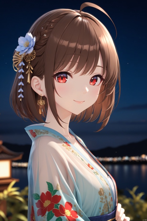  masterpiece,best quality,illustration,ultra detailed,hdr,Depth of field,(colorful),artist mmd,night,1girl,solo,red eyes,looking at viewer,hair ornament,short hair,upper body,brown hair,blurry,ahoge,bangs,see-through,depth of field,hanfu,smile,floral print,closed mouth,