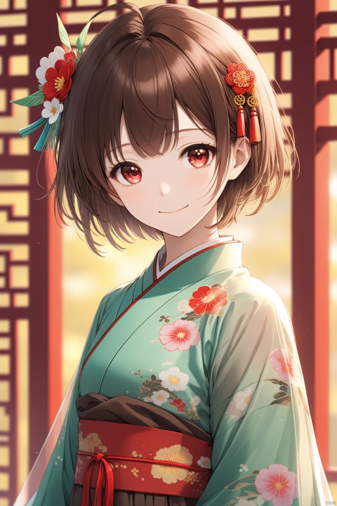  (masterpiece),(best quality),illustration,ultra detailed,hdr,Depth of field,(colorful),(chromatic aberration),mmd,1girl,solo,red eyes,looking at viewer,hair ornament,short hair,upper body,brown hair,blurry,ahoge,bangs,chinese clothes,see-through,depth of field,hanfu,smile,floral print,closed mouth,