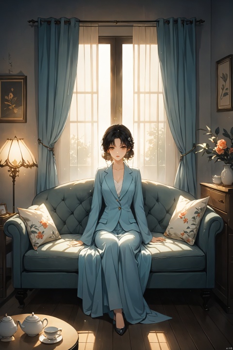  masterpiece,best quality,nanime sytle,full shot,afteroon,in a cozy room,1girl,black hair,pale bule suit,on the sofa,dirnking a tea,the sunlight filtered through the curtains, casting its glow upon her face,foggy,
bailing_darkness, ((poakl)) , graphic
