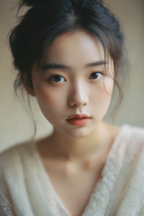  Surreal,film photography aesthetic,vintage aesthetic,A soft-focus portrait, a young Asian woman, delicate features, large expressive eyes, a gaze directly engaging the viewer, hair styled in a messy bun, sheer black attire allowing a hint of skin, natural light casting a warm glow, subtle high-key tones, emphasis on innocence and allure, ethereal and dream-like aesthetic, gentle blur imparting a sense of intimacy and softness, composition highlighting the subject's upper body and face, minimalist background ensuring focus remains on the woman's visage and poise.,