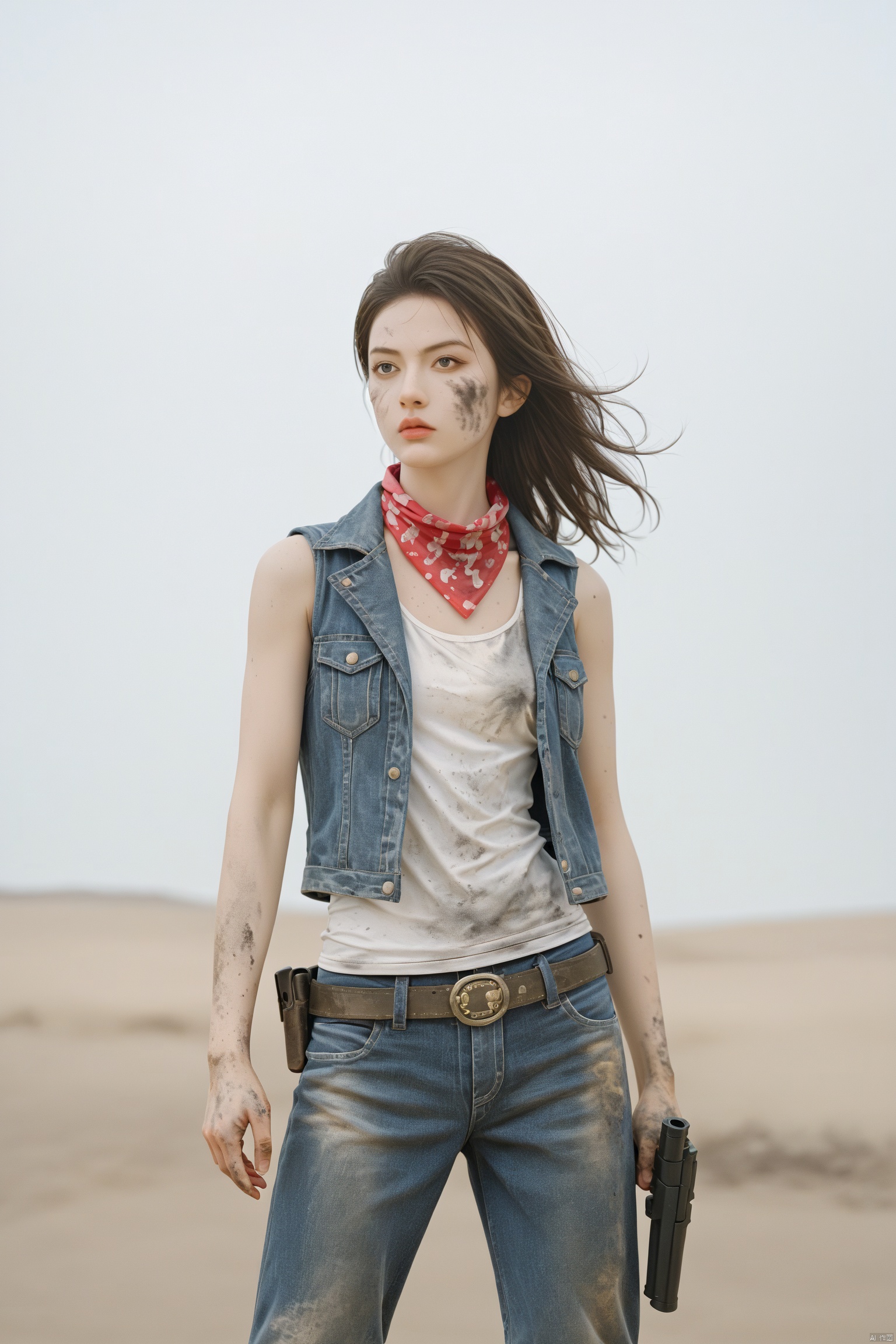 Action, heroine, dual, pistols, denim, jacket, white, ****, top, dirty, rugged, belt, holster, brunette, wavy, hair, confident, stance, adventurous, bandana, score_9, score_8_up, score_7_up, score_6_up, portrait of a woman