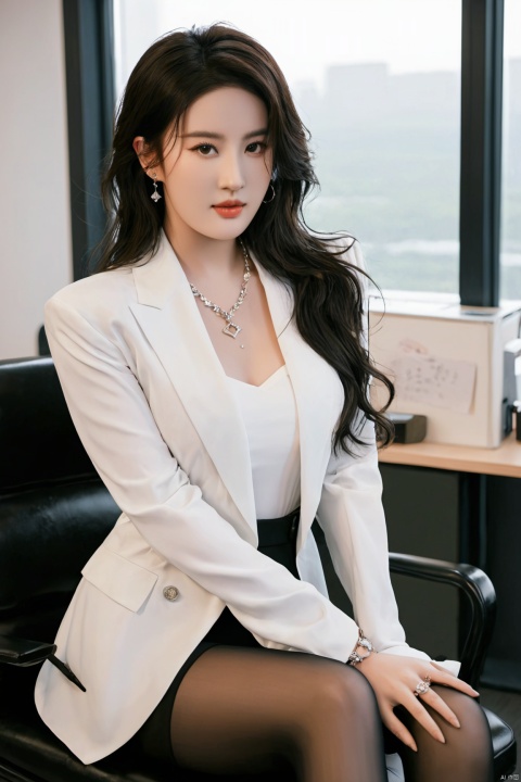  (upper body:1.3), liuyifei,flowers,masterpiece, best quality, ultra-detailed, ultra high res,8k, (photorealistic:1.2), RAW photo, extremely detailed, 1 girl, (18_years_old),(172cm tall), (((elegant))), (round face:1.3), (long hair), black hair, curly hair, seductive smile, beautiful detailed eyes, beautiful detailed face,(white shirt),suit jacketlexious,necklace,diamond ring,bracelets,earrings, large breasts, slender waist, long legs,thick legs,plump,strong abs,(high heels:1.3),(pantyhose:1.3),(in the office),sitting on a chair,cross legs,lighting on face, bright back lighting, liu yifei