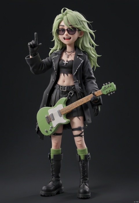  score_9, score_8_up, score_7_up, masterpiece, best quality,1girl, solo, instrument, thighhighs, belt, guitar, black footwear, gloves, black gloves, boots, long hair, pointing up, navel, coat, electric guitar, pointing, diffraction spikes, jewelry, arm up, belt buckle, black background, open coat, skirt, cross, buckle, open mouth, standing, x, pouch, teeth, necklace, black coat, torn clothes, white hair, open clothes, green hair, electricity, multicolored hair, black skirt, holding guitar, belt pouch, red eyes, upper teeth only, cross necklace, black hair, sunglasses, black thighhighs, iron cross, green trim, v-shaped eyes, torn thighhighs, midriff, smile, sharp teeth, amplifier, holding instrument, zettai ryouiki, holding, clay style