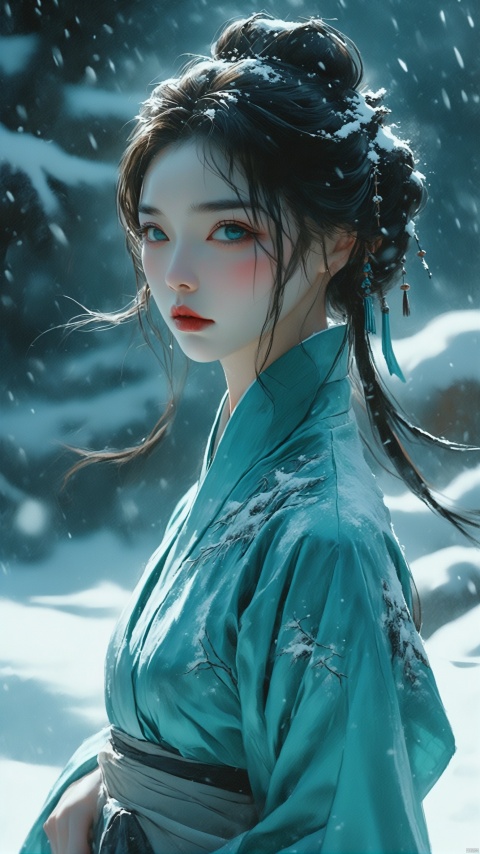 cinematic still asian,woman,hanfu,expressionism oil painting, turquoise Eyes, Short Nose, Full Lips, Sharp Chin, Long Hair, Formal Updo, large breasts, black satin lipstick,winter,snow,outdoors . emotional, harmonious, vignette, 4k epic detailed, shot on kodak, 35mm photo, sharp focus, high budget, cinemascope, moody, epic, gorgeous, film grain, grainy, asian,woman,hanfu,expressionism oil painting, turquoise Eyes, Short Nose, Full Lips, Sharp Chin, Long Hair, Formal Updo, large breasts, black satin lipstick,winter,snow,outdoors, elegant, highly detailed, vibrant colors, intricate, very sharp focus, candid, iconic, extremely beautiful, winning