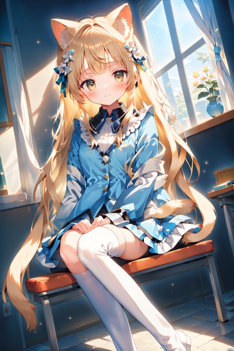  1girl,cat ears,anime style,white long hair,full body,loli,potrait,nai night scape,masterpiece,in classroom,white legwear,((sunny out side)),best quality,solo,momoko,cat ears,in seat,solo,morning,indoor,cinematic lighting,looking at window,long hair,sitting on school chair,school desk,hair ornament,hair flower,cute,white flower,light blue coat,white dress,cinematic lighting,white tail,
, monkren, sunlight