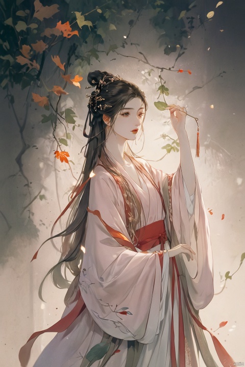  Fashion editorial style a asian girl with hanfu ruqun,Jin style, joint brand, ribbon, Withered leaves, old vines, plant illustration, splash ink,High fashion, trendy, stylish, editorial, magazine style, professional, highly detailed, cinematic lighting, Dramatic lighting, concept art, shanhaijing