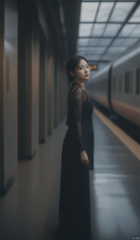  chinese girl,photograph,hyperrealism,cinematic color grading,cyberpunk,1girl,woman,beautiful,brightly lit interior,in a Romantic Goth train station,