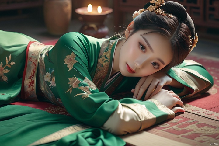  professional 3d model cinematic still a girl in green hanfu,laying down,indoors. emotional, harmonious, vignette, 4k epic detailed, shot on kodak, 35mm photo, sharp focus, high budget, cinemascope, moody, epic, gorgeous, film grain, grainy. octane render, highly detailed, volumetric, dramatic lighting, advanced light, magical, atmosphere, beautiful, great composition, dynamic, ambient, lively, intricate, full color, perfect background, best, created professional, vivid, creative, positive, joyful, unique, awesome, aesthetic, pure, symmetry, clear, artistic, surreal, inspired, whole colors, illuminated, extremely colorful, iconic