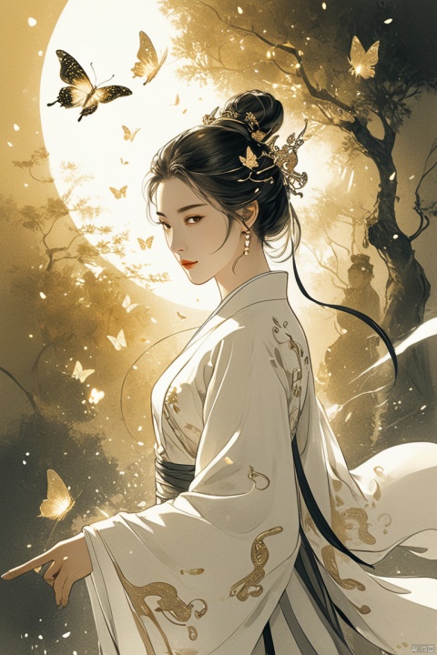  Goldeneast,illustration,chinese ink painting,myth,1 handsome Chinese young woman,mature and exquisitefacial features,sharp eyes,wearing white Hanfu andblack mecha,in battle,light particles,glowing butterflies,
,