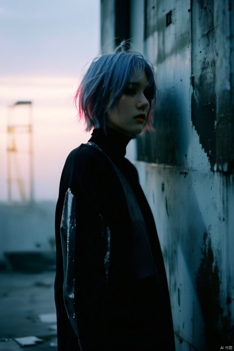  depressed, portrait of 1girl by Bill Henson, depressed, ruins, shadows, dramatic lighting, sunset, contemporary, dark, expressionism, dystopia, industrial,Half bodysliver gradient Short hair,(sliver hair:1.1),(light blue hair:1.1),(pink hair:1.2), hubg_jsnh, sunlight, monkren, portrait of a woman