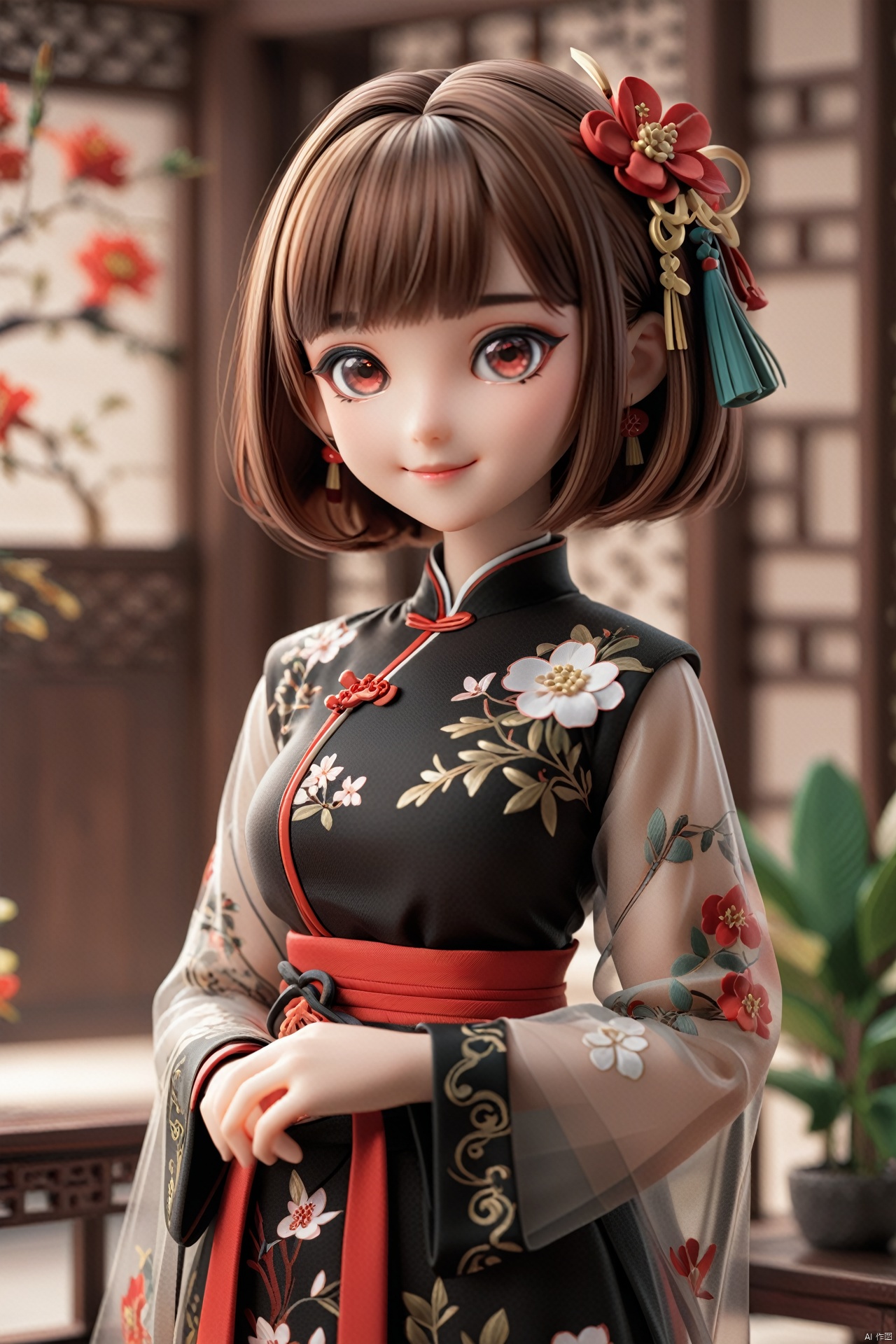  (masterpiece),(best quality),illustration,ultra detailed,hdr,Depth of field,(colorful),(chromatic aberration),mmd,1girl,solo,red eyes,looking at viewer,hair ornament,short hair,upper body,brown hair,blurry,ahoge,bangs,chinese clothes,see-through,depth of field,hanfu,smile,floral print,closed mouth,