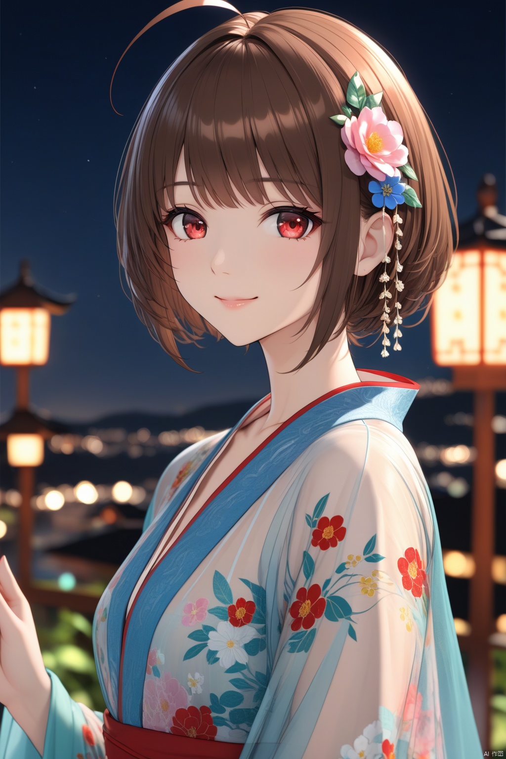  (masterpiece),(best quality),illustration,ultra detailed,hdr,Depth of field,(colorful),mmd,night,1girl,solo,red eyes,looking at viewer,hair ornament,short hair,upper body,brown hair,blurry,ahoge,bangs,see-through,depth of field,hanfu,smile,floral print,closed mouth,