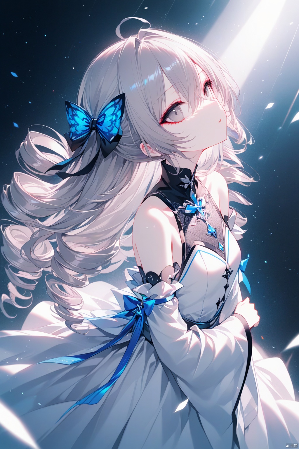  (masterpiece),(best quality),illustration,ultra detailed,hdr,Depth of field,(colorful),[iumu],[Sheya],[Artist chen bin],1girl, solo, long hair, dress, white dress, grey hair, bronya zaychik, drill hair, detached sleeves, signature, looking up, bare shoulders, from side, grey eyes