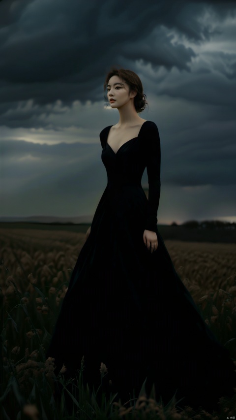  elegant woman in a black evening gown standing in a field, overcast sky, dusk, solitary and mysterious atmosphere, graceful yet melancholic posture, high-quality digital photography, soft lighting, outdoor, natural landscape, dramatic, emotional tension, best quality, ultra highres, original, extremely detailed, perfect lighting