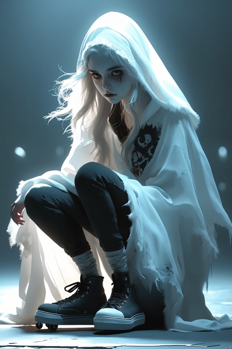 a cute-style art describing a Gruesome Epic Skater (Female Voidelf:1.2) Ghost hunter, Thoughtful Pose. The composition is based on the rule of thirds., illustrious quality, highly detailed, dynamic cinematic color, unique, contemporary, (masterpiece,best quality,ultra-detailed, absurdres)