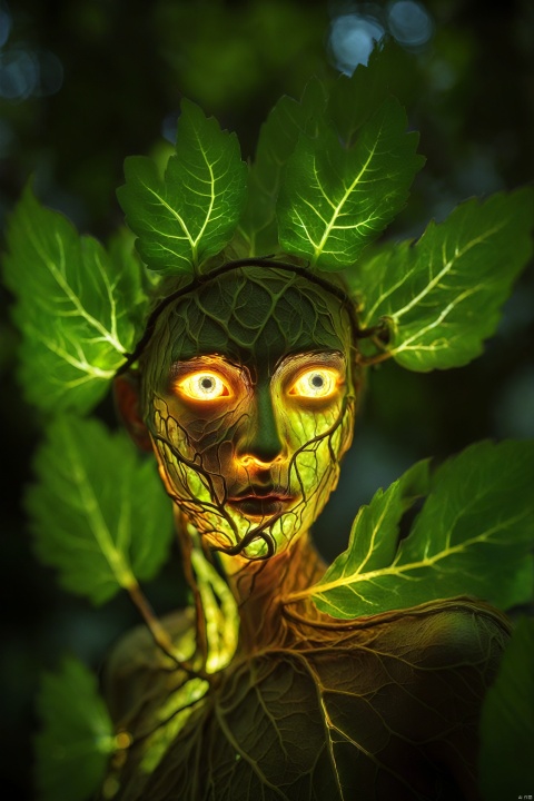  macro shot of a glowing forest spirit,leafy appendages outlined with veins of light,eyes a deep,enigmatic glow amidst the foliage.,