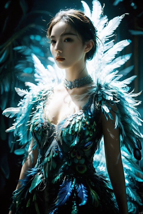  Create a commercial half-body portrait of a 20-year-old model in a peacock feather dress, illuminated by contour lighting to accentuate the cool-toned ambiance. The real, dazzling feathers of the dress should be the central element, with the lighting technique bringing out their splendor and dreamlike quality. The focus should be on capturing the model's upper body, highlighting how the light plays off the unique textures and colors of the feathers, creating a contrast between the vibrant dress and the subdued background, sunlight
