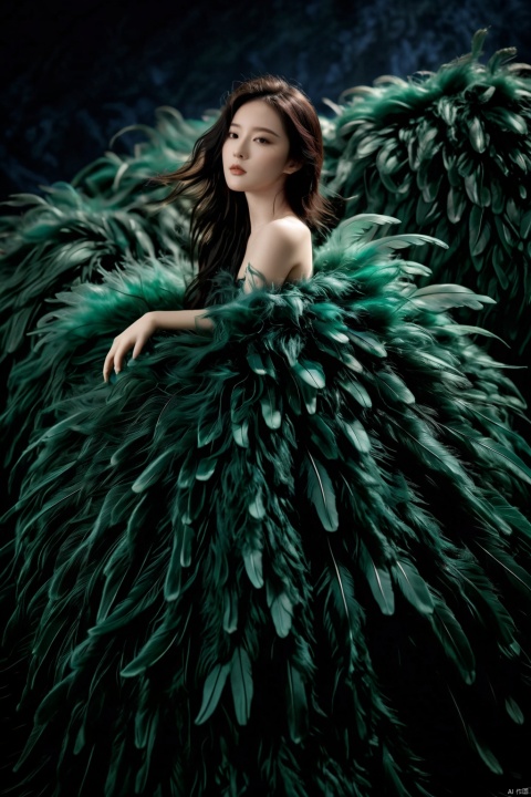  1girl,a gorgeous long dress made of feathers,green feather,huge feathers,complex background,beautiful background,(feathers everywhere:1.3),depth of field level, liuyifei
