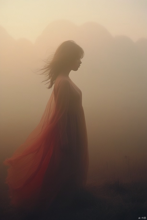  made of fog, In the style of Kodak Film Grain Photography, we capture a moment suspended between light and shadow, where a beautiful woman stands enveloped in the peculiarities of a surreal landscape. The wind whispers secrets through her hair, accentuating her solitude in this vast, undefined space. Around her, the juxtaposition of glaring light and deep shadows carves out a scene filled with nostalgia and a haunting sense of memory. This image, rich in grain and texture, evokes a profound sense of longing, a yearning for moments lost to time. The air is thick with the essence of reminiscence, each particle of film grain a testament to the fleeting nature of beauty and life itself. It's a portrait of isolation in a crowded world, a study in the art of capturing the ephemeral, where every detail, from the subtle sway of her silhouette against the gusts to the intricate play of light dancing across her visage, tells a story of beauty, eeriness, and the solitary journey through the landscapes of memory.
beautiful red sky,cloud,,fog tumani