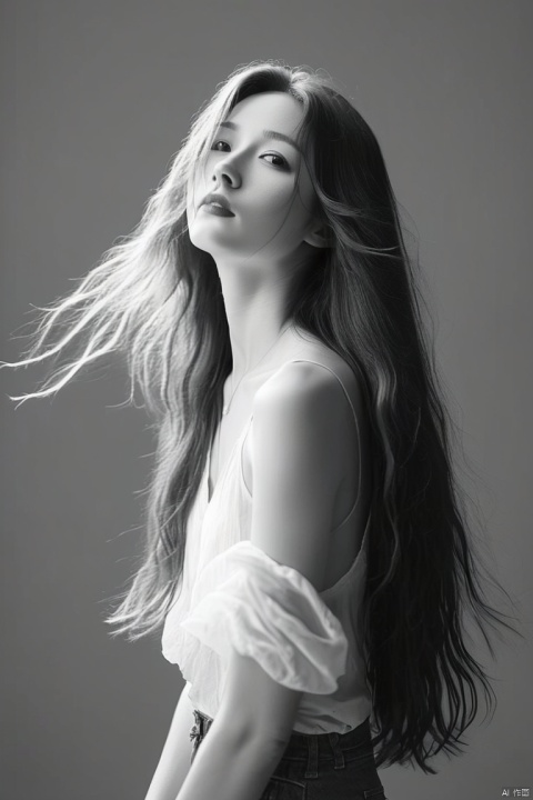  long hair,flowing hair,watching audience,(front),(studio light),upper body,soft light,black and white,dark style,summer,Full Frontal,