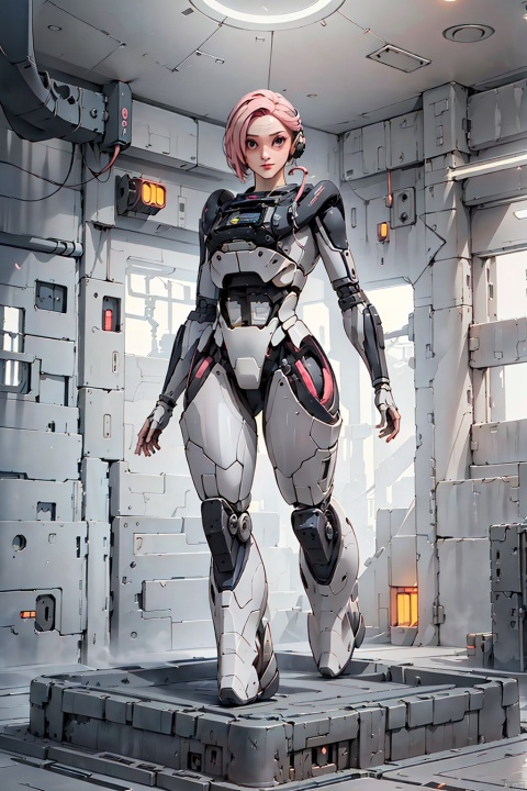  (best quality), (masterpiece), (highres),epic scenes, impactful visuals,senseofspace,(sciencefiction:1.3),lida, 1girl, solo, looking at viewer, short hair, standing, full body, pink hair, fingerless gloves, armor, hair over one eye, lips, bodysuit, joints, cable, cyborg, robot joints, barcode, cyberpunk
, Disney, 2.5D