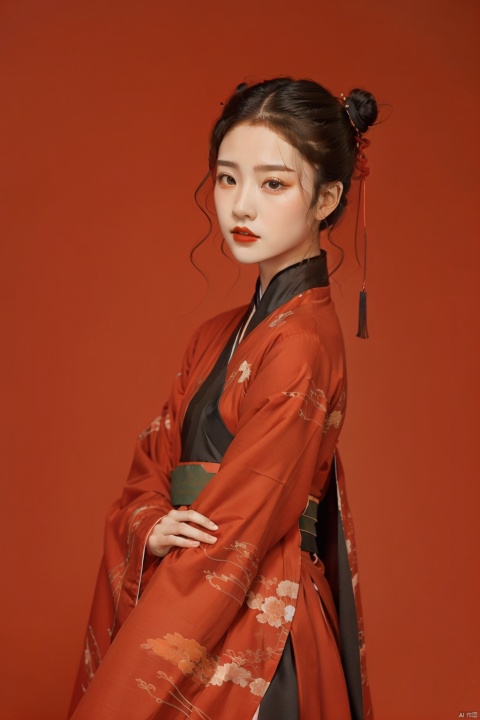 1girl,solo,red dress,black hair,long sleeves,red theme,standing,hanfu,hairbun,, chinared