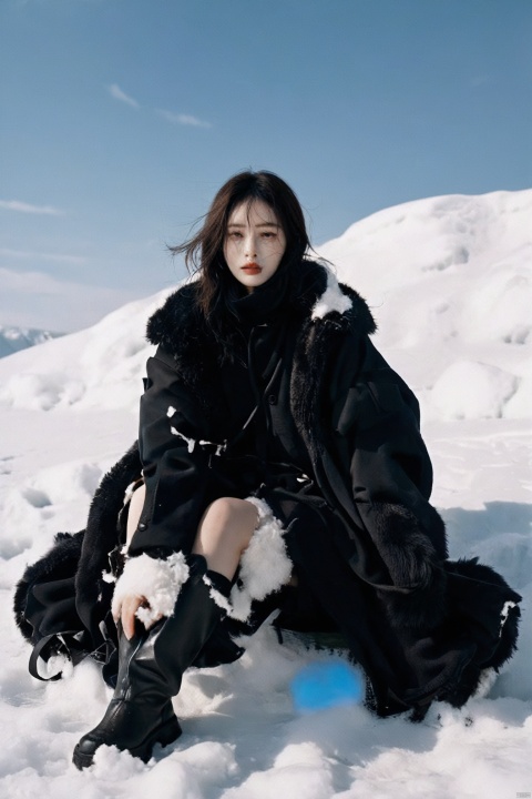  a woman sitting on top of a snow covered ground, inspired by Vanessa Beecroft, jet black tuffe coat, li zixin, furry legs, official valentino editorial, in the steppe, kim jung gi, song nan li, bear legs