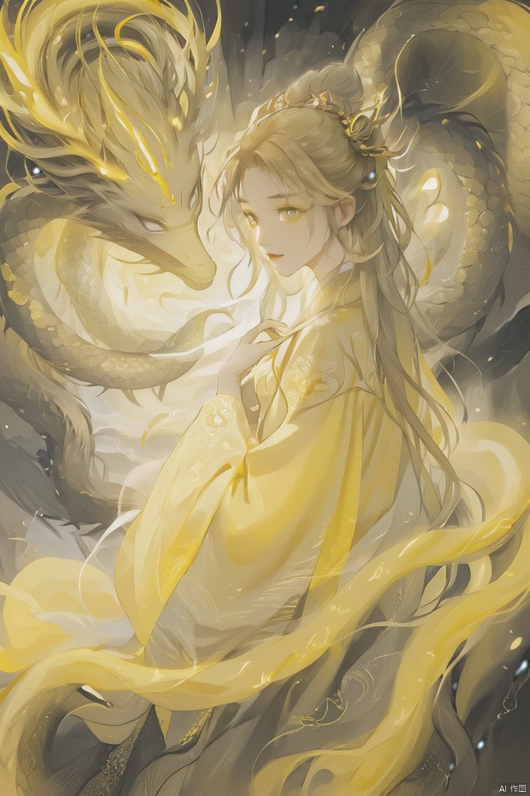  (anime art: 1.21), (dragon: 1.1), (dragon in background: 1.21), 1girl with wings on back, looking at viwer, snake eyes, (yellow theme: 1.5), (monochrome: 1.1), (ethereal beauty: 1.4), (captivating lighting: 1.2), (ethereal aura: 1.3), (mysterious ambiance: 1.2), (thunder in the distance: 1.2), (fantasy art: 1.3), (ethereal scene: 1.3), , masterpiece,best quality,8k,insane details,intricate details,high detail,((masterpiece)), ((best quality))