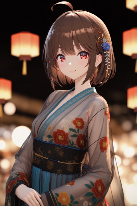  masterpiece,best quality,illustration,ultra detailed,hdr,Depth of field,(colorful),artist mmd,night,1girl,solo,red eyes,looking at viewer,hair ornament,short hair,upper body,brown hair,blurry,ahoge,bangs,see-through,depth of field,hanfu,smile,floral print,closed mouth,