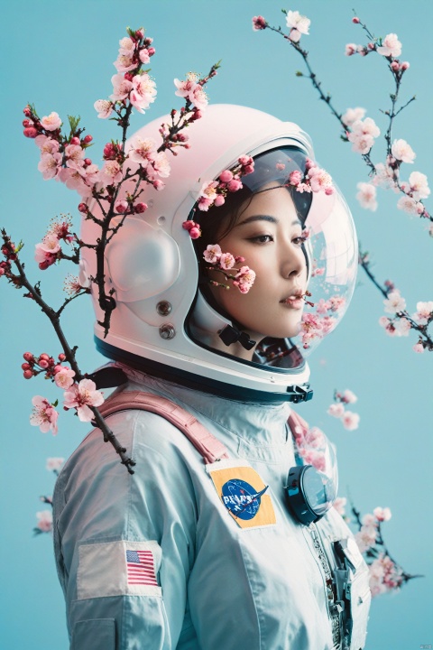  A double exposure photo of a woman astronaut with many pink plum blossoms smoke on her head and shoulders against a light blue floral background. Strange and weird, Double exposure, dark moody atmsophere, The photograph uses double exposure photography with pastel colors and soft lighting with a strong contrast between shadows and highlights. Astronaut helmet. Aestheticized violence, The natural scenery depicts a graceful posture and graceful body movements in the style of in.