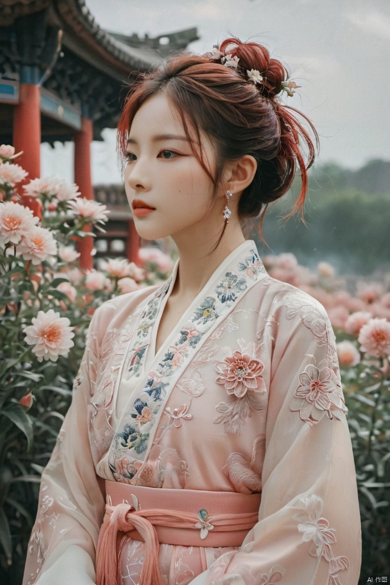 film grain analog photography,, 1girl, solo, hanfu, ancient_chinese_architecture, flower field, blossom, (white smoke:1.3) (photorealistic:1.4), zentangle, mandala, entangle, official art, unity 8k wallpaper, ultra detailed, beautiful and aesthetic, masterpiece,best quality, (dynamic angle:1.4), glowing skin, (floating colorful sparkles:1) the most beautiful form of chaos, elegant, a brutalist designed, vivid colours, romanticism  depth of field  exotic_dance pink hair