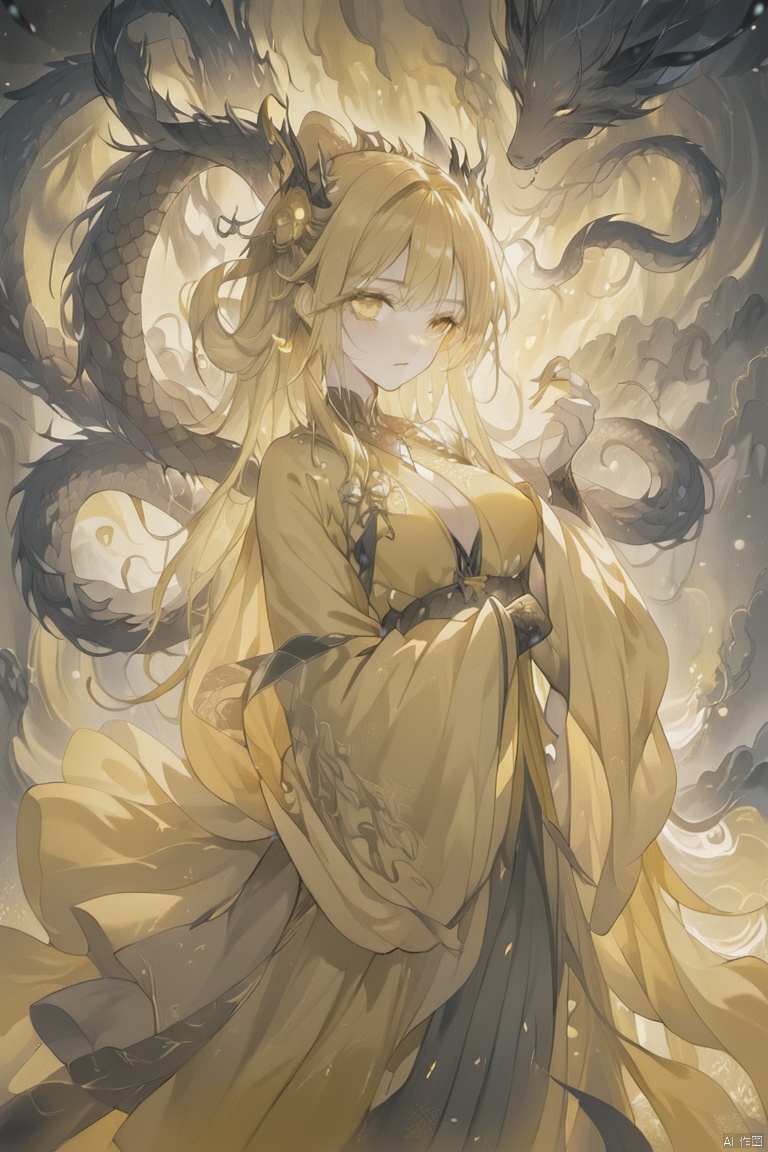  (anime art: 1.21), (dragon: 1.1), (dragon in background: 1.21), 1girl with wings on back, looking at viwer, snake eyes, (yellow theme: 1.5), (monochrome: 1.1), (ethereal beauty: 1.4), (captivating lighting: 1.2), (ethereal aura: 1.3), (mysterious ambiance: 1.2), (thunder in the distance: 1.2), (fantasy art: 1.3), (ethereal scene: 1.3), , masterpiece,best quality,8k,insane details,intricate details,high detail,((masterpiece)), ((best quality))