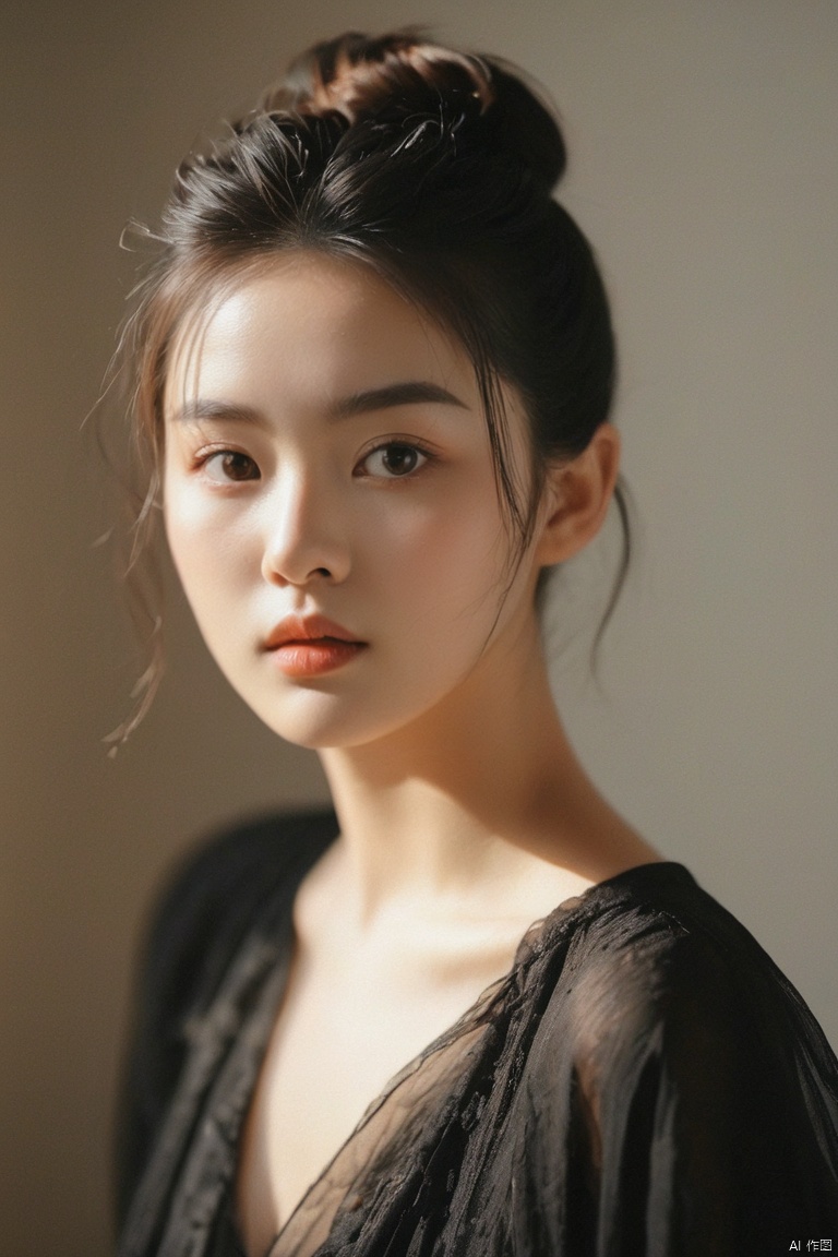  Surreal,film photography aesthetic,vintage aesthetic,A soft-focus portrait, a young Asian woman, delicate features, large expressive eyes, a gaze directly engaging the viewer, hair styled in a messy bun, sheer black attire allowing a hint of skin, natural light casting a warm glow, subtle high-key tones, emphasis on innocence and allure, ethereal and dream-like aesthetic, gentle blur imparting a sense of intimacy and softness, composition highlighting the subject's upper body and face, minimalist background ensuring focus remains on the woman's visage and poise.,