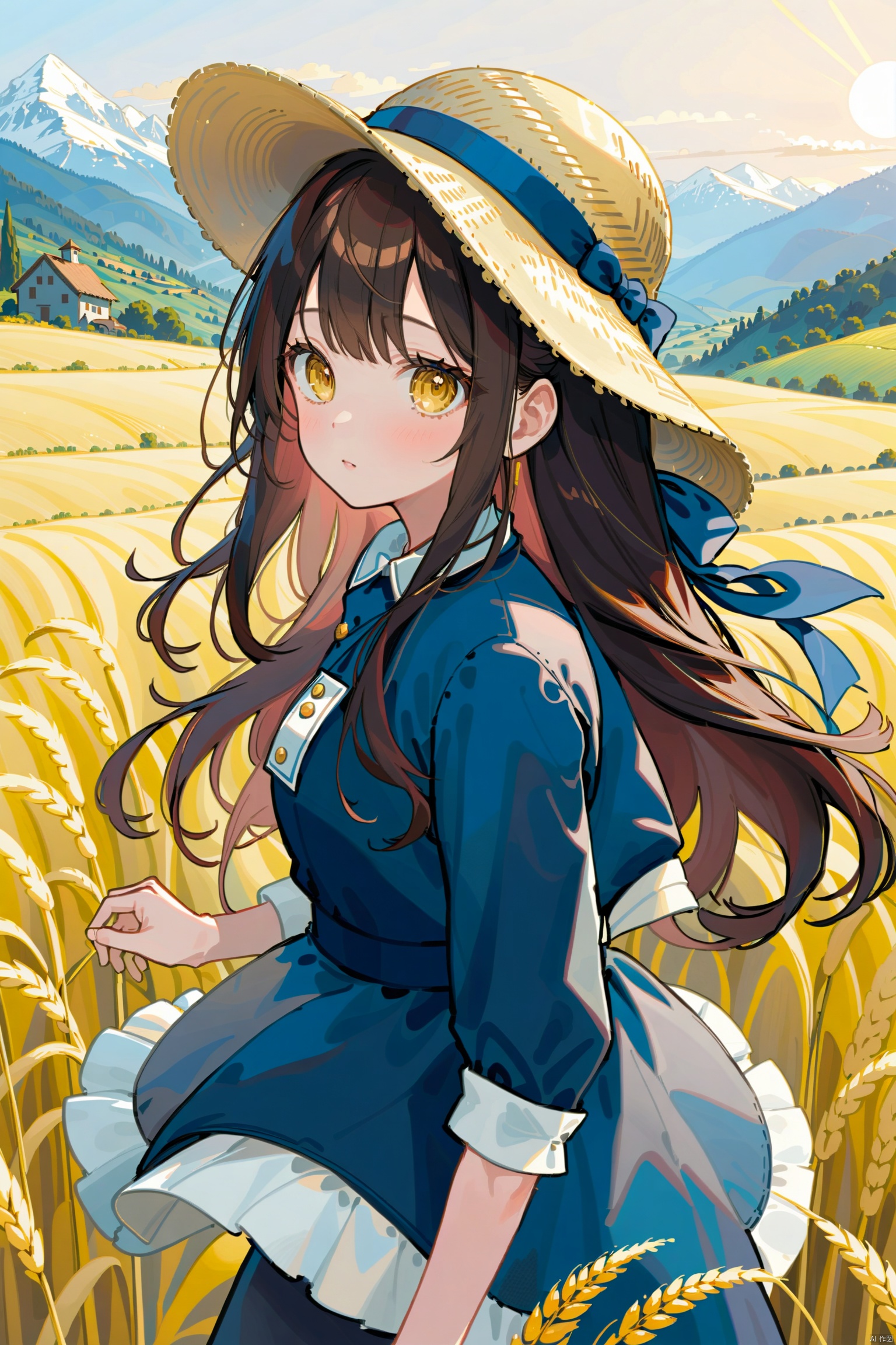  (((high detail))), best quality, 1girl,full frame, working in the golden wheat field, straw hat,dark brown long flowing hair blowing in the wind, mountains in the far background, sunset