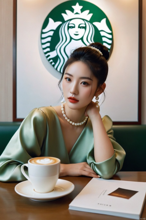 a woman sitting at a table with a cup of coffee, a photorealistic painting, inspired by Elsa Bleda, trending on pexels, realism, girl with a pearl earringl, starbucks, in a high renaissance style, portrait of a japanese teen, fashion shoot 8k, in thomas ruff style, liu yifei