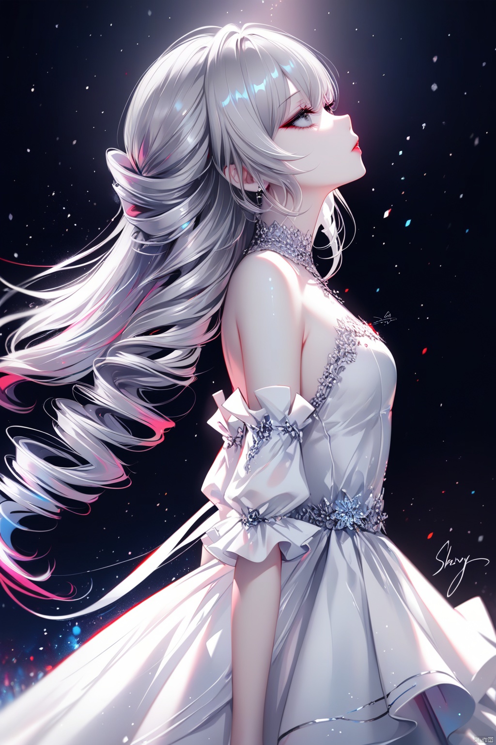 (masterpiece),(best quality),illustration,ultra detailed,hdr,Depth of field,(colorful),[iumu],[Sheya],[Artist chen bin],1girl, solo, long hair, dress, white dress, grey hair, bronya zaychik, drill hair, detached sleeves, signature, looking up, bare shoulders, from side, grey eyes