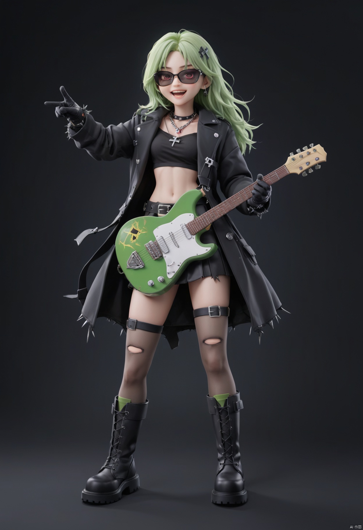  score_9, score_8_up, score_7_up, masterpiece, best quality,1girl, solo, instrument, thighhighs, belt, guitar, black footwear, gloves, black gloves, boots, long hair, pointing up, navel, coat, electric guitar, pointing, diffraction spikes, jewelry, arm up, belt buckle, black background, open coat, skirt, cross, buckle, open mouth, standing, x, pouch, teeth, necklace, black coat, torn clothes, white hair, open clothes, green hair, electricity, multicolored hair, black skirt, holding guitar, belt pouch, red eyes, upper teeth only, cross necklace, black hair, sunglasses, black thighhighs, iron cross, green trim, v-shaped eyes, torn thighhighs, midriff, smile, sharp teeth, amplifier, holding instrument, zettai ryouiki, holding