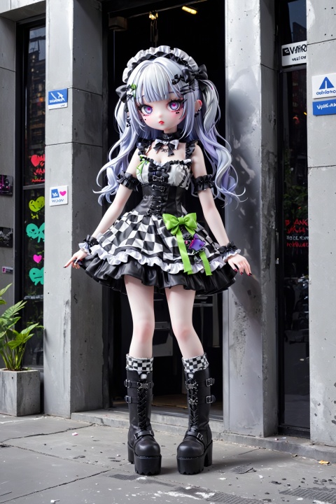 High fashion gothic Lolita street style photographed by Demonakos of a porcelain-skinned girl in an apocalyptic Harajuku outfit, black buckled platform boots, ruffled petticoat peeking below an embellished babydoll dress, huge bow headpiece, vibrant pop colors contrasted against a concrete jungle.