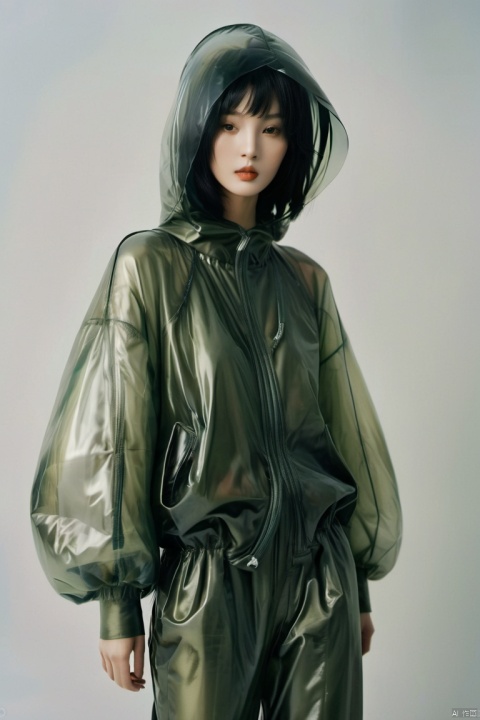  Fine art photography of a beautiful slender Japanese model walking, high-fashion custome designed by Martin Margiela, short black hair, multiple soft lighting, greenish gray background, transparent plastic, inflated, multilayered, puffy, intricated, hooded, surreal, subdued, realistic, characters