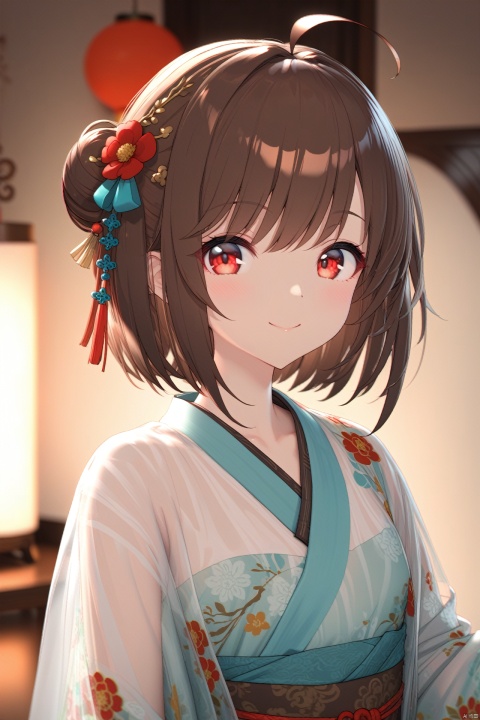 (masterpiece),(best quality),illustration,ultra detailed,hdr,Depth of field,(colorful),(chromatic aberration),mmd,1girl,solo,red eyes,looking at viewer,hair ornament,short hair,upper body,brown hair,blurry,ahoge,bangs,chinese clothes,see-through,depth of field,hanfu,smile,floral print,closed mouth,
