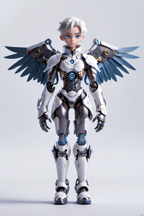  robot boy, 1boy, solo, wings,mecha musume, mechanical wings, white hair, full body, looking at viewer, heterochromia, science fiction,blue eyes, robot joints, joints, feathered wings, 
closed mouth, white background, standing, android, ((wlop))