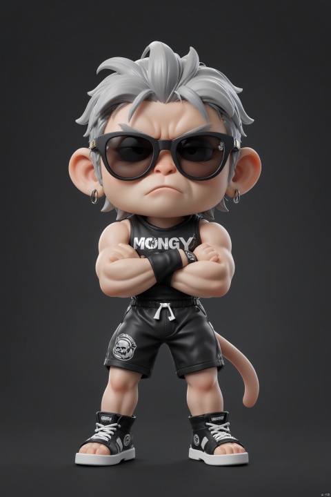 (best quality, 8K, high resolution, masterpiece), ultra detailed, (3D CGI), black sunglasses, trendy, fashionable, silver and black stylized angry muscle monkey on a black background, countryside advertising, winning photo,chibi,