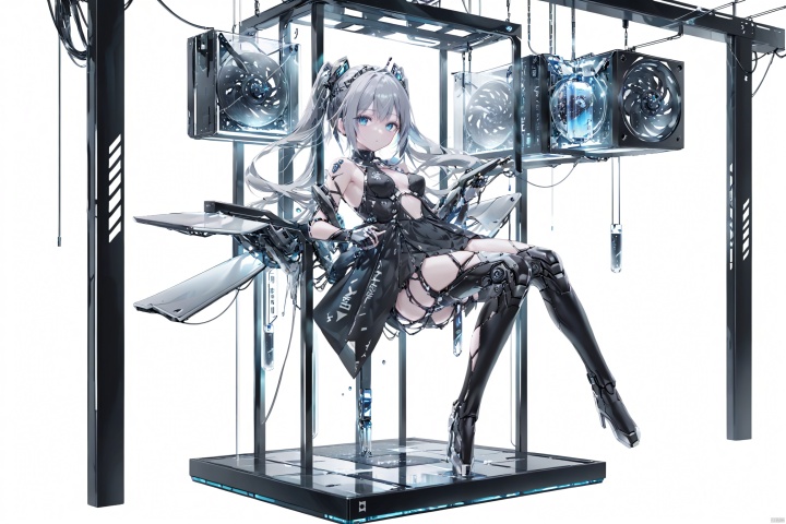  A robot girl suspended inside a glass computer case., ((wlop)),1 woman, robot cyborg,Computer motherboards, water-cooled pipes,full body, hanging in the air,anime,broken maintenance,
tubes,wires,by Akihiko Yoshida, TIANQIJI