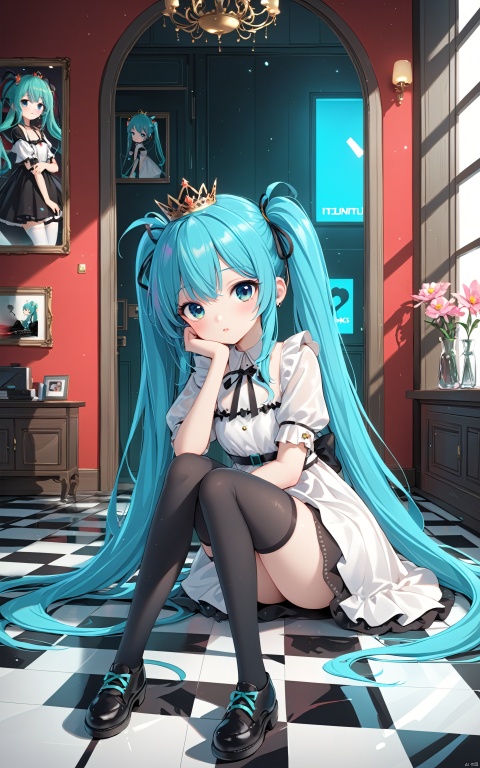  1girl, solo, long hair, looking at viewer, blue eyes, thighhighs, dress, ribbon, twintails, sitting, very long hair, blue hair, full body, flower, short sleeves, black thighhighs, white dress, aqua eyes, black ribbon, aqua hair, crown, checkered floor, hatsune miku, (masterpiece), (best quality), illustration, ultra detailed, hdr, Depth of field, (colorful), (reflection light), incredibly absurdres, (Movie Poster), clear boundaries of the cloth, Character