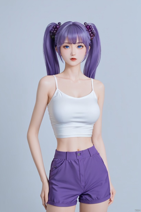 (score_9,score_8_up,score_7_up),style_1,style_2,style_3,style_4, glow,masterpiece,best quality,amazing quality,beautiful detailed,4K,very aesthetic,beautiful color,1girl, twintails, solo, blue eyes, purple hair, grapes hair ornament, white crop top, purple shorts, long hair, bangs, spikes, breasts, spikedcollar,